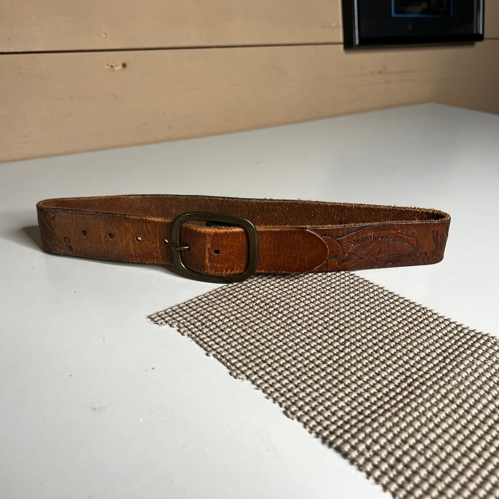 Vintage Hand Tooled Leather Mushroom Belt Brown Embossed Boho 28